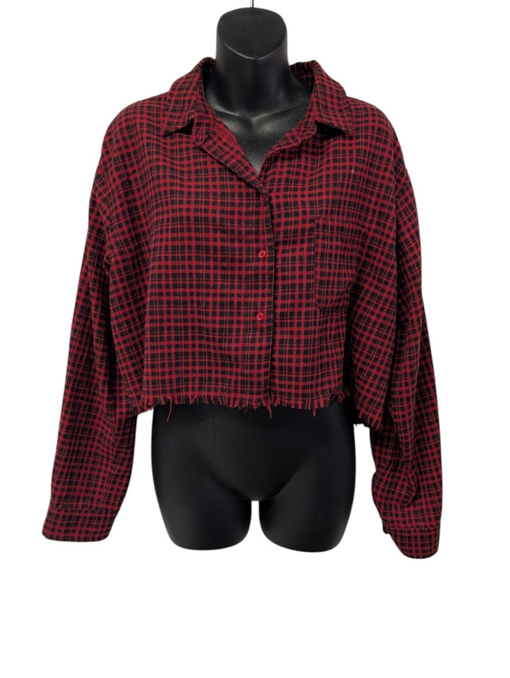HYFVE Womens Red Black Plaid Collared Button-Up Fringe Cropped Shirt Sz L